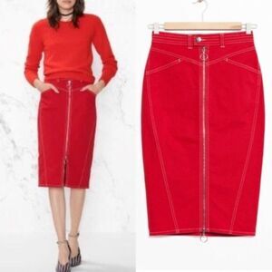 & Other Stories Red Denim Stitch Zip Midi Pencil Skirt Pockets Organic Cotton 4